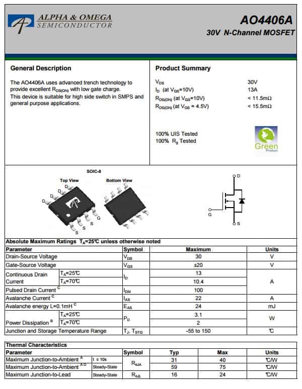 5PCS X AO4482 MOSFET N-CH 100V 6A 8SOIC Alpha