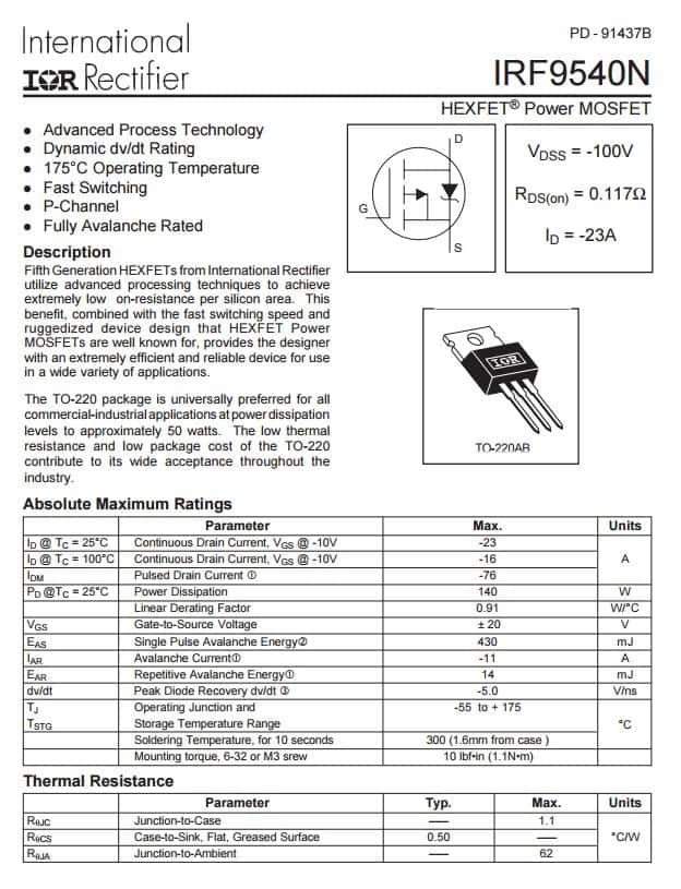2x IRF9540 IRF9540N IRF9540NPBF 100V//23A//0.117 P Channel Field-effect Transistor